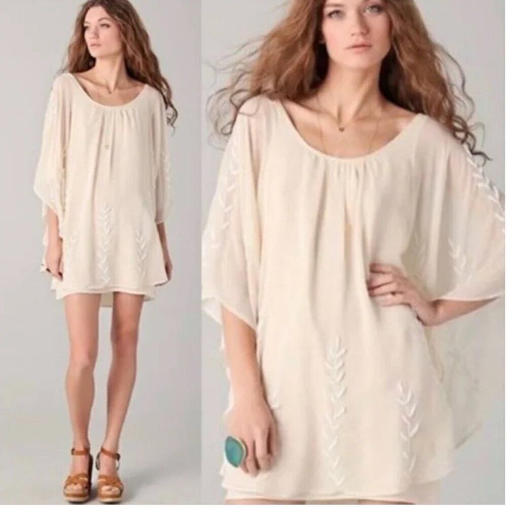 Free People Beaded Pointed Cape Drape Mini Dress Chiffon Sheer Cream XS